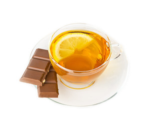 A cup of hot tea on white background