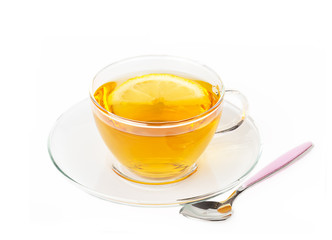A cup of hot tea on white background