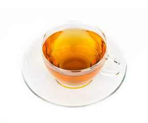 A cup of hot tea on white background