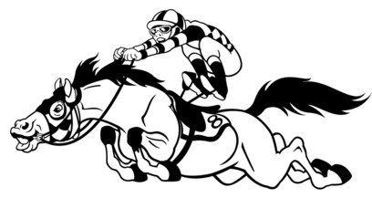 racing horse with jockey black white