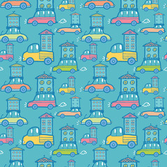 Vector moving houses on cars seamless pattern background with