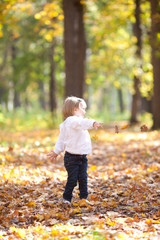 beautiful little girl throwing leaves  in the forest