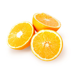 Sliced fresh orange fruit isolated on white background