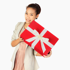 Young Business Woman with a red present box