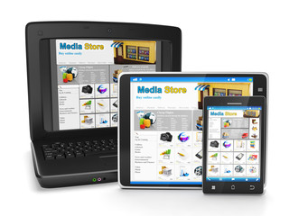 The group of mobile technology media store. Tablet PC, laptop an
