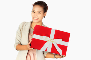 Young Business Woman with a red present box