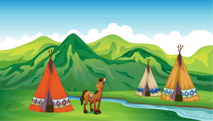 Fototapeten Zelte und ein lächelndes Pferd © GraphicsRF