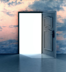 Opened door in sky heaven doorway