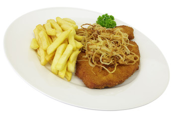 Zwiebelschnitzel mit Pommes frites