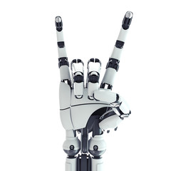 Isolated robotic arm showing rock sign on white background