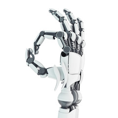 Isolated robotic arm showing Ok on white background