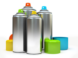 Row of containers with multicolored paint on white background