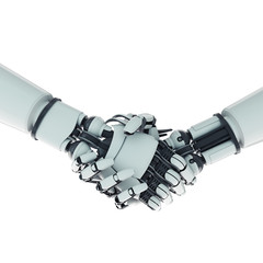 Two isolated handshaking robotic arms on white background