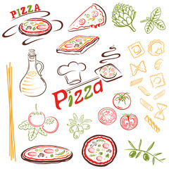 Pizza, Nudeln, Spaghetti, pasta, vector, Italien, Set