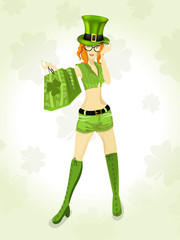 Leprechaun girl with bags. EPS 10.