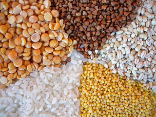 Various cereals . Peas,rice,pearl barley,millet,buckwheat.