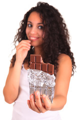 Beautiful african woman holding chocolate bar