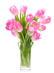 Pink tulips bouquet in vase isolated on white background