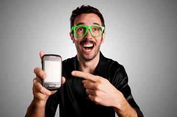 happy man showing phone