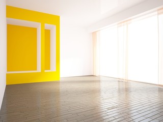 empty interior with orange curtains and wall