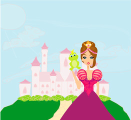 Mooie jonge prinses met een grote groene kikker