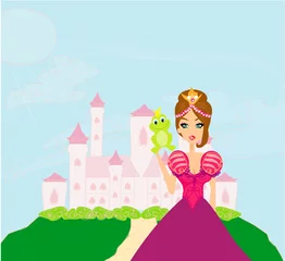 Deurstickers Kasteel Mooie jonge prinses met een grote groene kikker