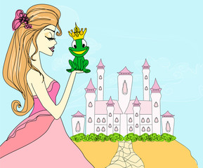 Belle jeune princesse embrassant une grosse grenouille