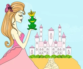 Abwaschbare Fototapete Schloss Schöne junge Prinzessin, die einen großen Frosch küsst