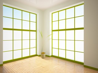 empty interior with green windows