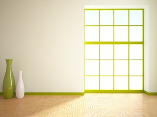 empty interior with green window and vases