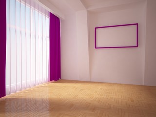 empty interior with purple curtains and a frame