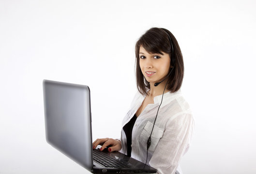 Brunette Customer Service Rep With Computer