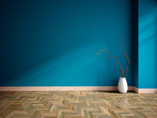 empty interior with a blue wall and vase