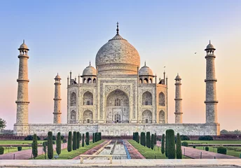 Foto auf Acrylglas Indien Taj Mahal Bank bei Sonnenaufgang