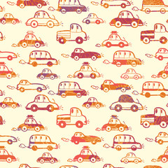 Vector vibrant cars seamless pattern background with hand drawn