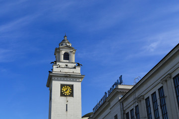 The clock tower of the Kiev railway station in Moscow