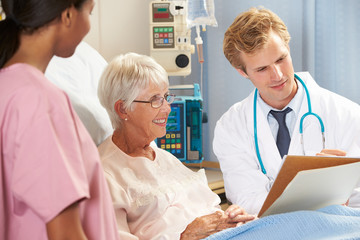 Doctor With Nurse Talking To Senior Female Patient In Bed