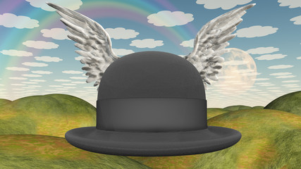 Winged Hat in surreal landscape