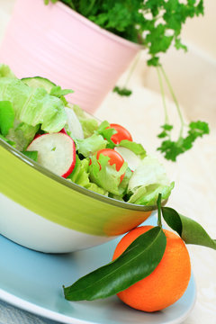 Healthy salad on the blue, pastel plate