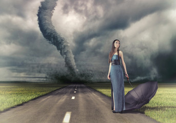 woman and tornado