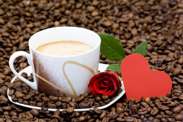 cup of coffee, red rose and heart
