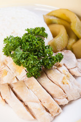 rice with steamed chicken and fresh dill pickles