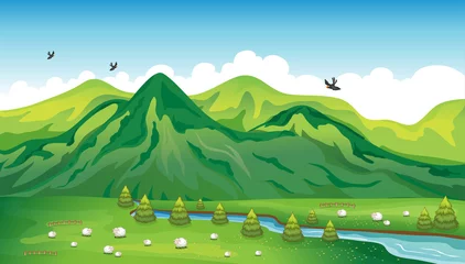 Cercles muraux Oiseaux, abeilles Des moutons, des oiseaux et un beau paysage
