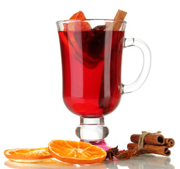 Fragrant mulled wine in glass isolated on white
