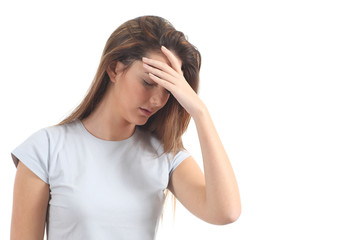 Woman with a headache and her hand in forehead