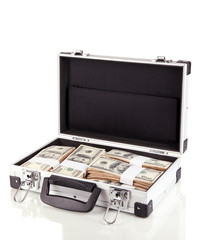 Suitcase with 100 dollar bills isolated on white