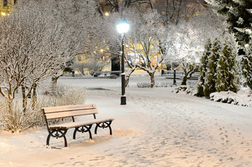 Illuminated city park at night. Bench and lantern close-up. Snow-covered trees after a blizzard....