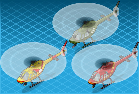 Isometric Red Helicopter Flying in Three Livery, Resque and Mili
