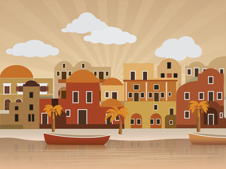 Oriental city illustration (retro colors)