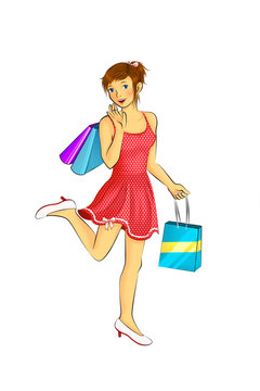 Frau im Petticoat Kleid und mit Einkaufst&uuml;ten